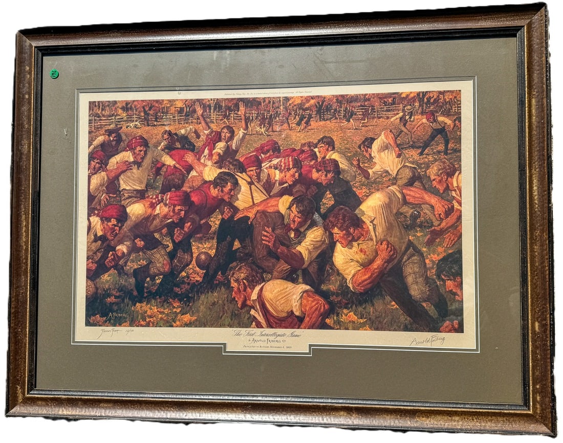 ARNOLD FRIBERG "THE FIRST INTERCOLLEGIATE GAME", 32" X 43" FRAMED AND 20" X 31" SIGHT: ARNOLD FRIBERG "THE FIRST INTERCOLLEGIATE GAME", 32" X 43" FRAMED AND 20" X 31" SIGHT