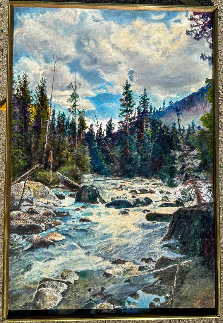 HAROLD BELDEN FITZGERALD O/C OF A RIVER, 25.5" X 38.5" FRAMED AND 24" X 35" SIGHT: HAROLD BELDEN FITZGERALD O/C OF A RIVER, 25.5" X 38.5" FRAMED AND 24" X 35" SIGHT