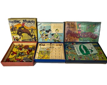 3 ANTIQUE GAMES, PINOCCHIO, DISNEYLANDS QUIZ, BUCKING BRONCO. 13" X 9" X 2" AND SMALLER