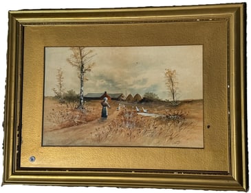 E. LAVOS WATERCOLOR OF A WOMAN WALKING GEESE, 24" X 33" FRAMED AND 13.5" X 21.5" SIGHT