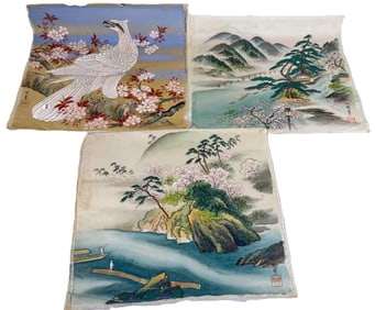 3 CHINESE WATERCOLORS ON SILK, 17.5" X 16" EACH