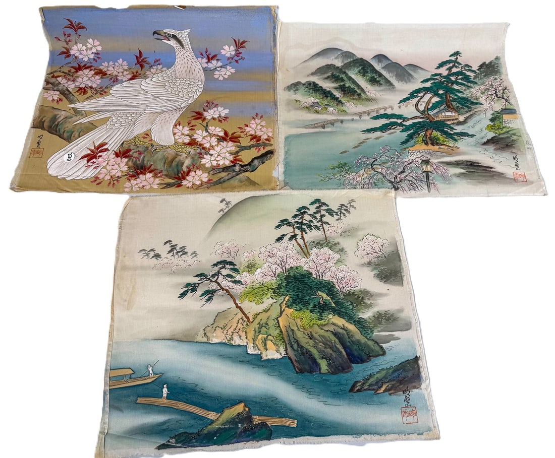 3 CHINESE WATERCOLORS ON SILK, 17.5" X 16" EACH: 3 CHINESE WATERCOLORS ON SILK, 17.5" X 16" EACH
