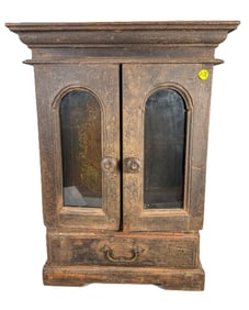 AN ANTIQUE OAK? GLAZED WALL CABINET 23X10.5X7"