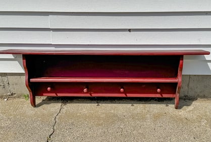 A RED PAINTED SHAKER STYLE HALL RACK/SHELF48X8X16