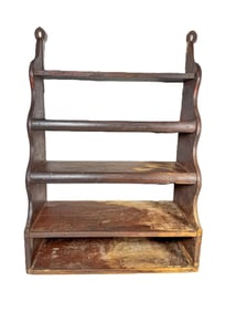 ANTIQUE OAK WALL SHELF W/ HAND FORGED HANGERS 22X30X10.5