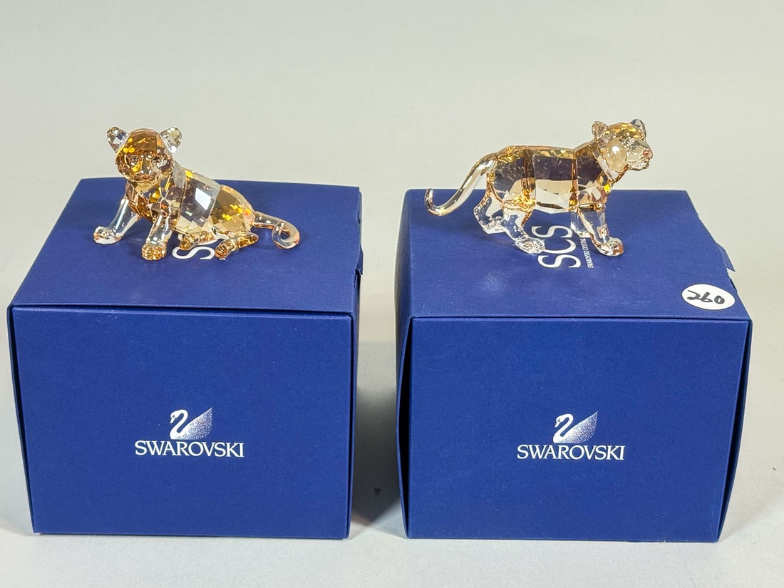 2  SWAROVSKI  CRYSTAL TIGER CUB   FIGURINES W/ BOXES 4" X 2" (1 of 3)