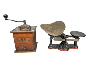 A DELMAR COFFEE MILL AND A SCALE 12" X 7" X 7"  AND 15" X 8"