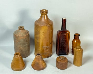 6 ANTIQUE STONEWARE INK BOTTLES AND 2 BOTTLES 9" X 3"