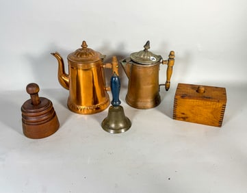 ANTIQUE BUTTER PRESSES, COPPER COFFEE POTS, AND BELL 8.5" X8"
