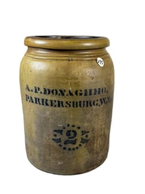 DONAGHHO 2 GALLON STONEWARE  CROCK PARKERSBURG, WV 11.5" X 8.5"