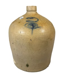 ANTIQUE 2 GALLON STONEWARE BEER JUG, 10" X 12"