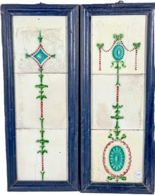 2 FRAMED ART NOUVEAU TILE PANELS, 8" X 20"
