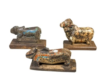 3 CARVED WOOD NANDI FIGURES, 7" X 7" X 4"
