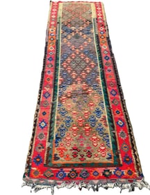 ANTIQUE CAUCASIAN FLATWEAVE HALL RUNNER, 37" X 112"