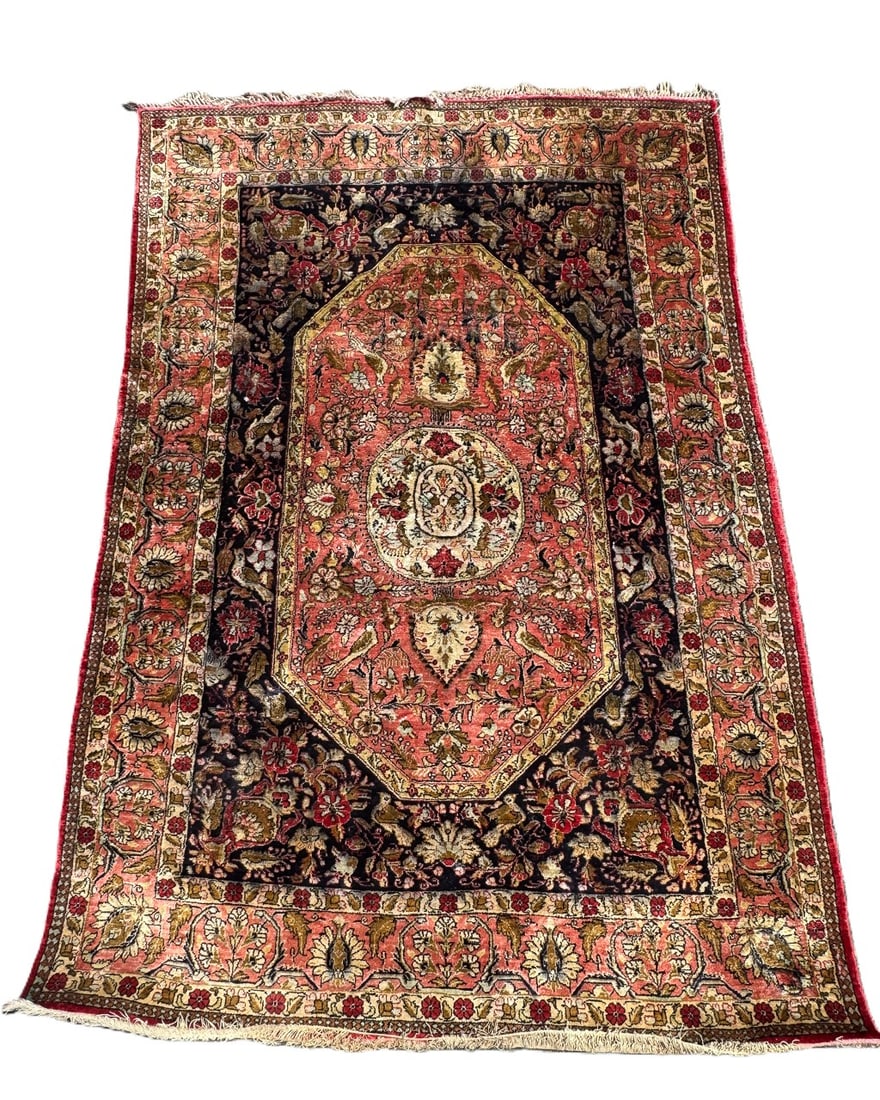 ANTIQUE SILK PERSIAN RUG, 43" X 64": ANTIQUE SILK PERSIAN RUG, 43" X 64"