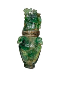 LARGE CHINESE CARVED GREEN STONE URN, 7.5" X 3.5" X 15"