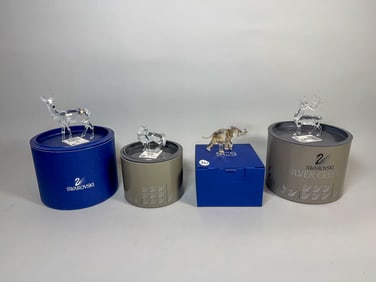 4 SWAROVSKI CRYSTAL ANIMALS W/ BOXES, 4" X 3.5" AND SMALLER