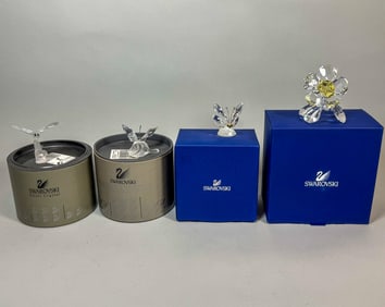 4 SWAROVSKI CRYSTAL BUTTERFLIES AND DRAGONFLY W/ BOXES, 4" X 3" AND SMALLER