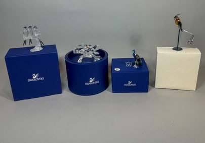 4 SWAROVSKI CRYSTAL BIRD GROUPS W/ BOXES, 5" AND SMALLER