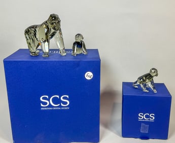 3 SWAROVSKI CRYSTAL GORILLAS W/ BOXES, 4.5" X 5" AND SMALLER