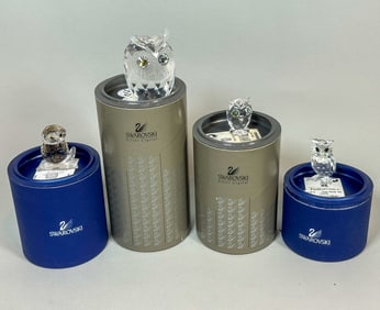 4 SWAROVSKI CRYSTAL OWLS W/ BOXES, 3" AND SMALLER