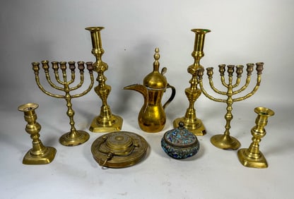 BRASS PUSHUP CANDLESTICKS, PERSIAN HANGING LANTERN, ETC. 12" AND SMALLER
