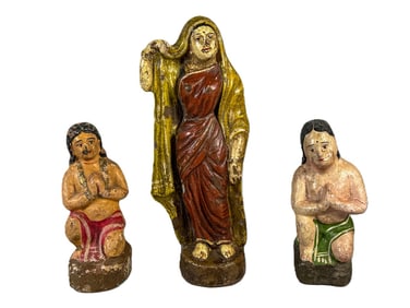 3 POTTERY STATUES OF PERSIAN DIVINITY FIGURES, 9.5" AND SMALLER