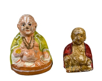 2 ANTIQUE PAINTED POTTERY BUDDHAS, 6.5" AND SMALLER