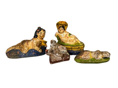 3 PAINTED INDIAN POTTERY RECLINING FEMALE FIGURES, 6" AND SMALLER