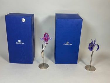 2 LARGE SWAROVSKI CRYSTAL FLOWERS W/ STANDS, 9" AND SMALLER