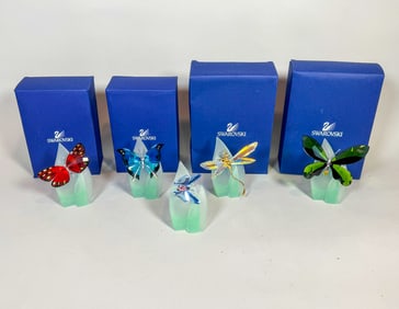5 SWAROVSKI BUTTERFLIES, ONE MISSING BOX. 4" X 4"