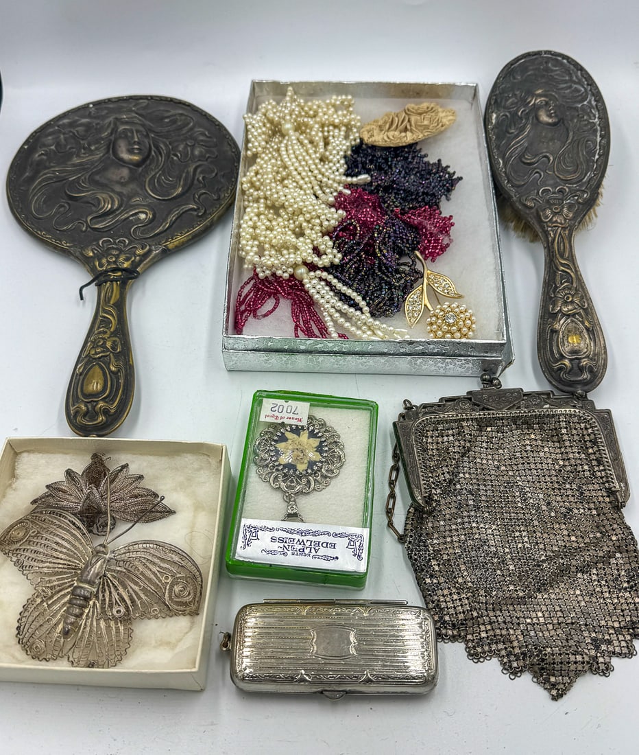 ART NOUVEAU STERLING SILVER HAND MIRROR AND BRUSH, SILVER MESH BAG, JEWELRY, ETC. (1 of 7)