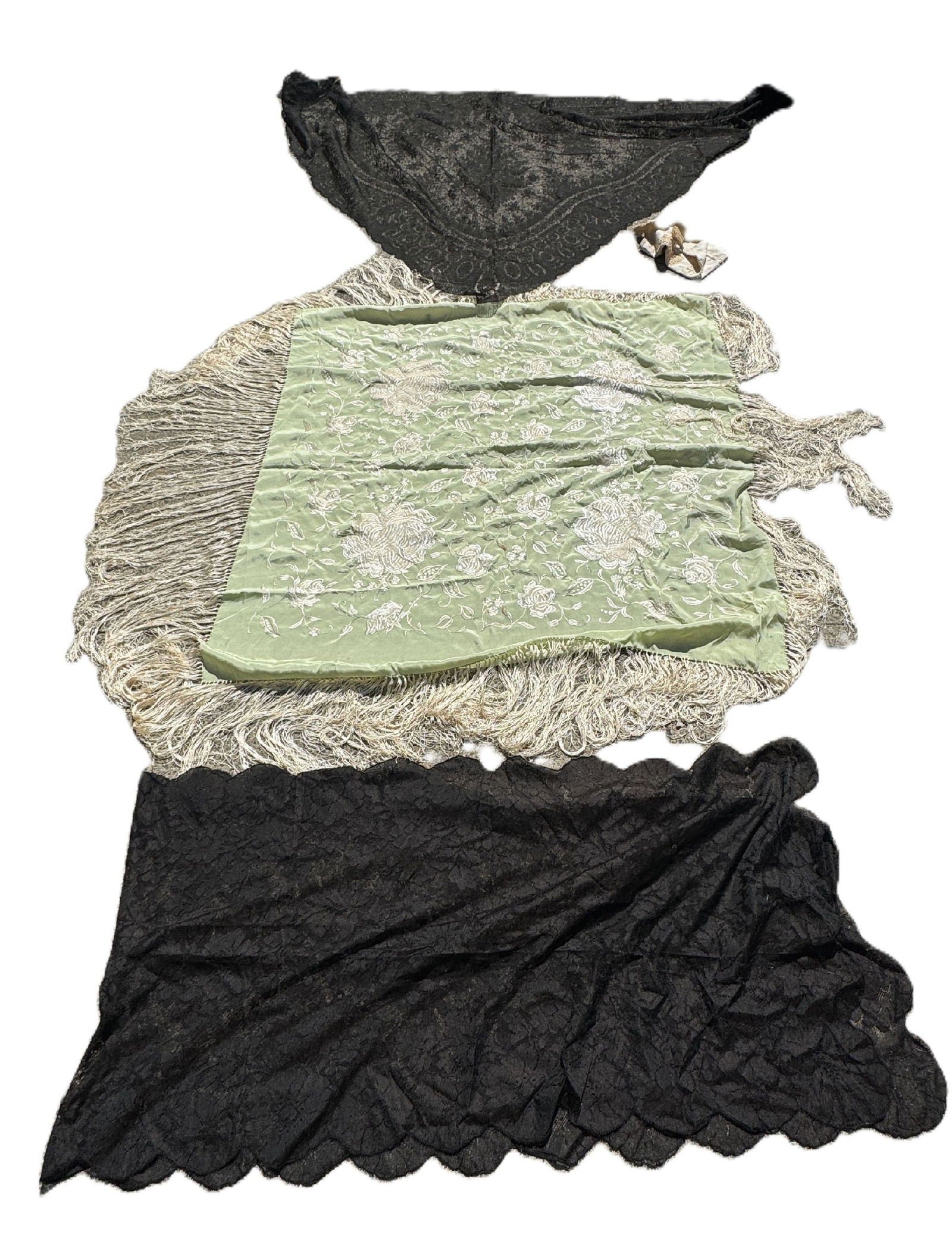 2 BLACK LACE SHAWLS AND 1 EMBROIDERED SILK SHAWL. 7' X 7' , 7' X 26" , 7' X5' (1 of 4)