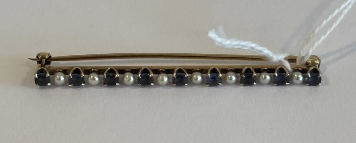 14K GOLD BAR PIN W/ SEED PEARLS AND SAPPHIRES
