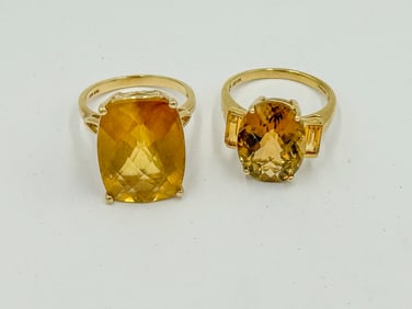 2 10K GOLD COCKTAIL RINGS W/ AMBER STONES, 11.92 GRAMS