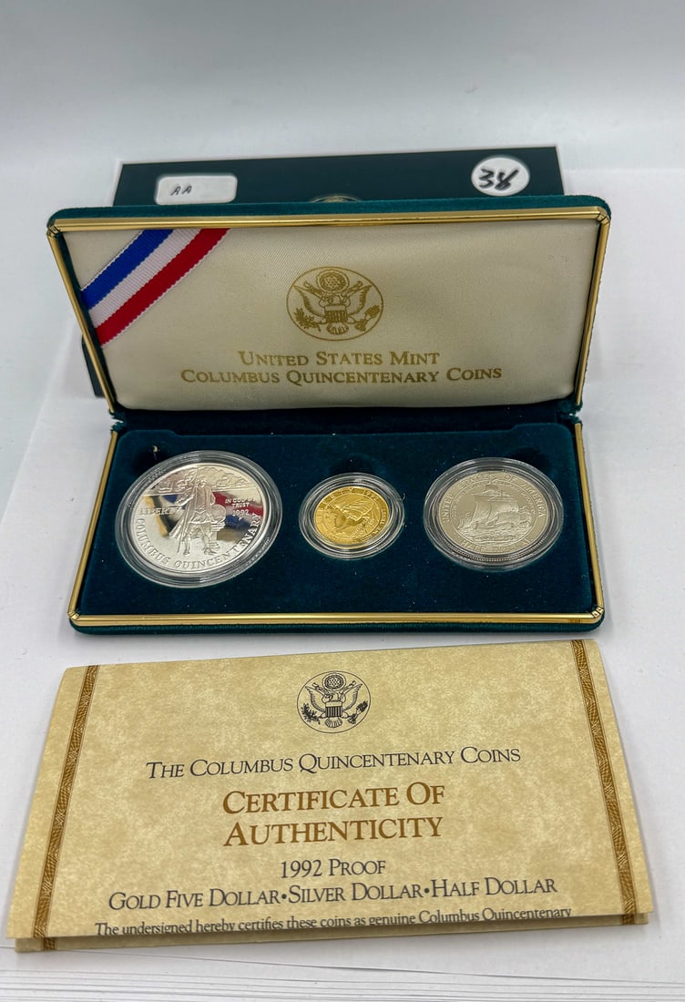 COLUMBUS QUINCENTENARY COIN SET, 1992. .24 OZT GOLD AND 1.09 OZT SILVER (1 of 5)