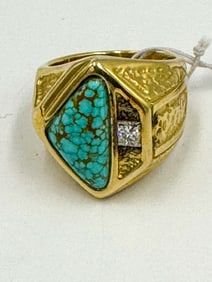14K GOLD AND TURQOUISE MENS RING W/ DIAMONDS, 29.2 GRAMS