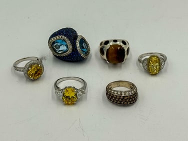 6 STERLING SILVER AND COLORED STONE RINGS