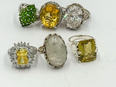 6 STERLING SILVER AND COLORED STONE RINGS