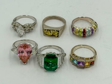 6 STERLING SILVER AND COLORED STONE RINGS