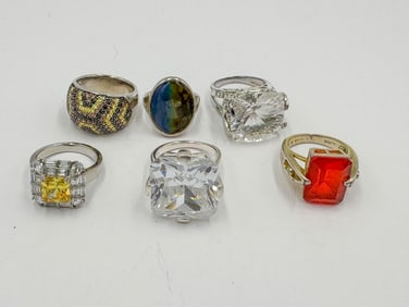 6 STERLING SILVER AND COLORED STONE RINGS