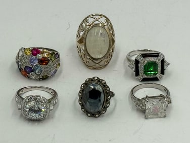 6 STERLING SILVER AND COLORED STONE RINGS