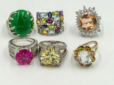 6 STERLING SILVER AND COLORED STONE RINGS