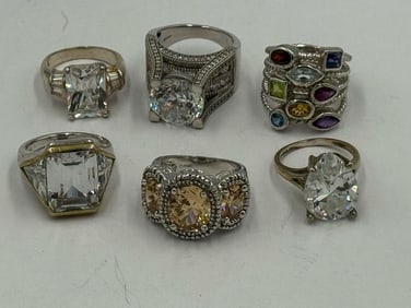 6 STERLING SILVER AND COLORED STONE RINGS