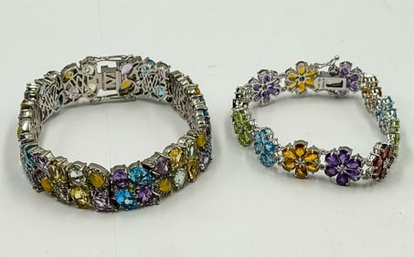 2 STERLING SILVER BRACELETS W/ MULTICOLOR STONES/CRYSTALS, 73 GRAMS