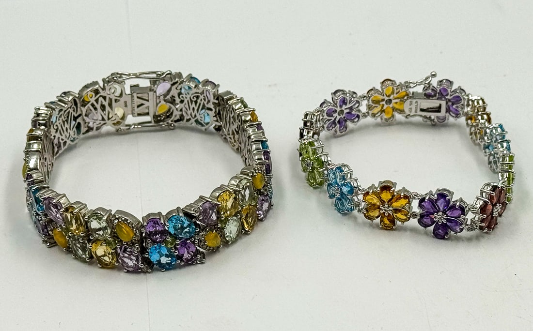 2 STERLING SILVER BRACELETS W/ MULTICOLOR STONES/CRYSTALS, 73 GRAMS (1 of 3)
