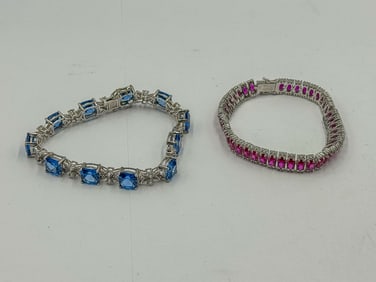 2 STERLING SILVER BRACELETS W/ MULTICOLOR STONES/CRYSTALS, 53 GRAMS