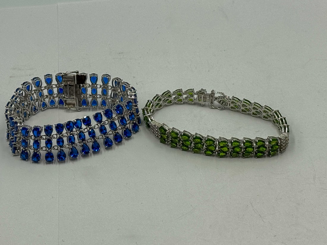 2 STERLING SILVER BRACELETS W/ MULTICOLOR STONES/CRYSTALS, 71 GRAMS (1 of 8)