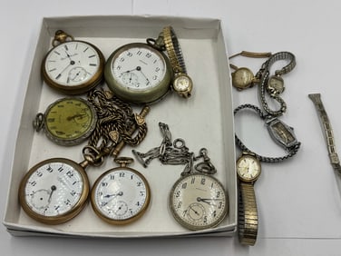 LOT OF MOSTLY GOLD FILLED POCKET WATCHES W/ LADIES WRISTWATCHES