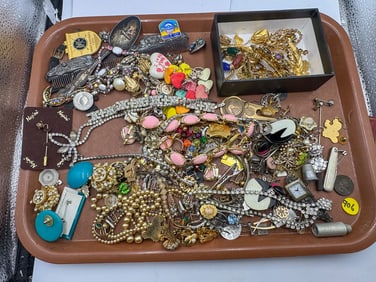 A LOT OF COSTUME JEWELRY PINS, RHINESTONE NECKLACES, ETC.